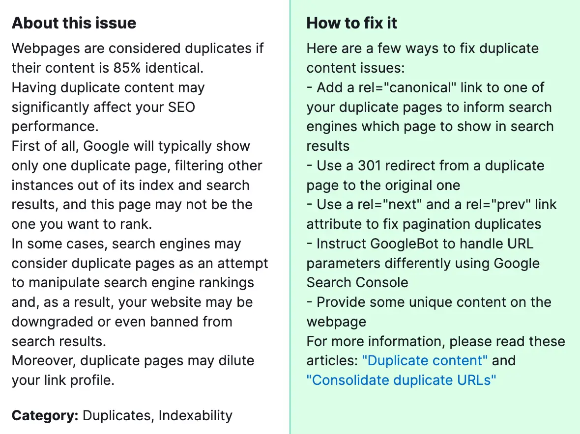 How to fix "Pages have duplicate content issues"?
