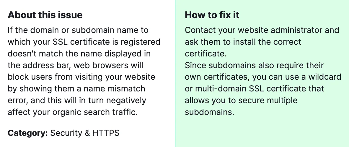 How to fix "Issues with incorrect certificate name”