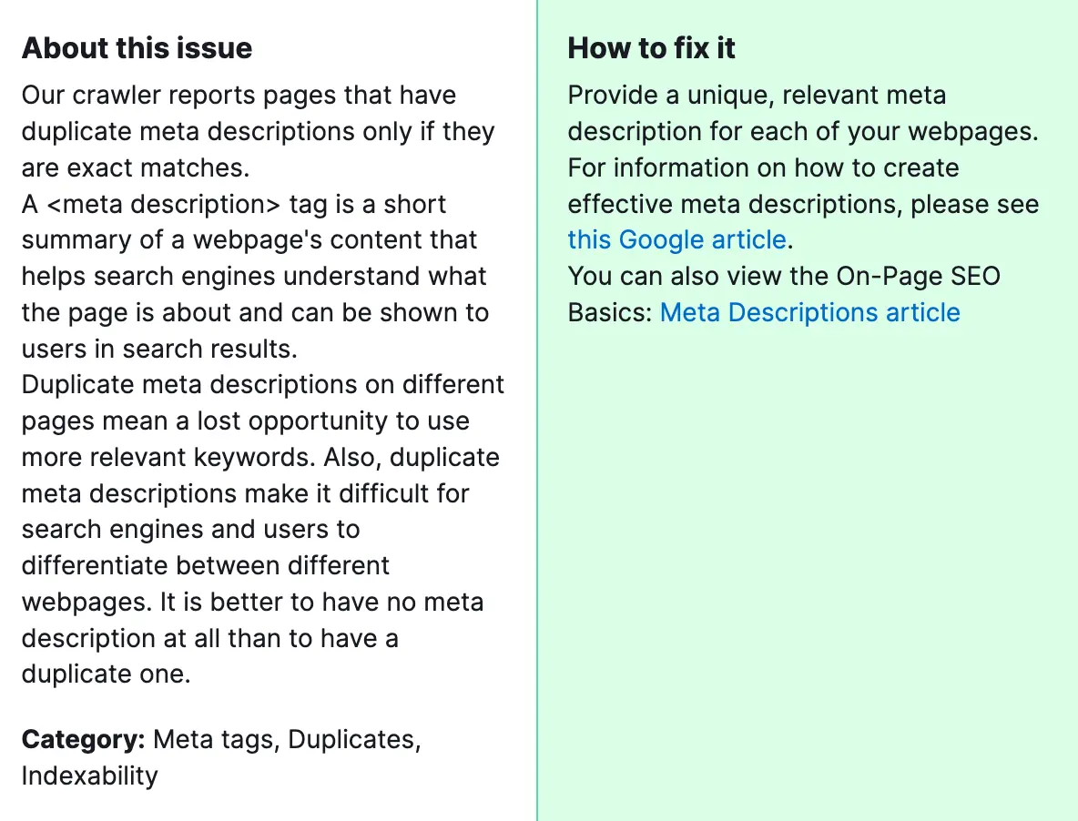 Pages have duplicate meta descriptions