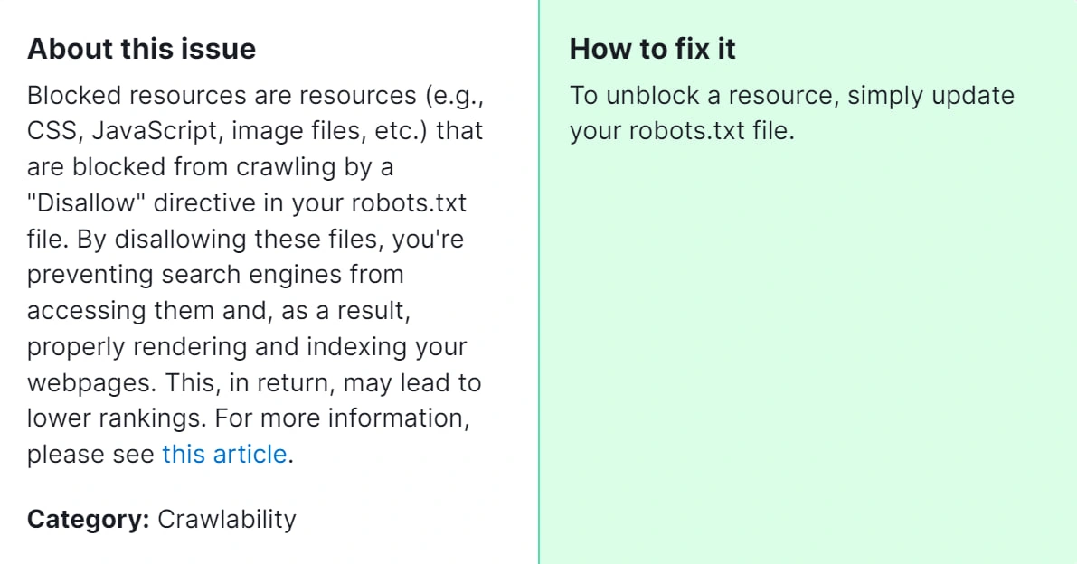 How to Fix “Issues With Blocked Internal Resources in Robots.txt" Detected by a Semrush Audit