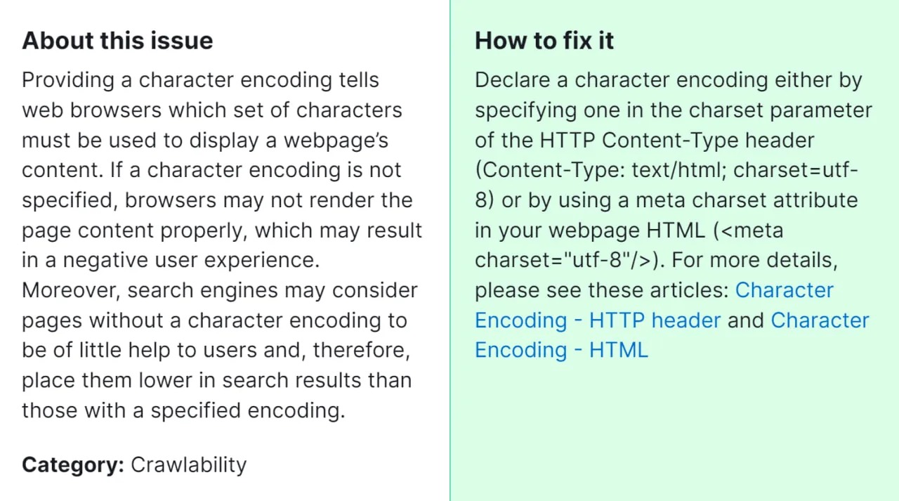 How to fix "Pages don't have character encoding declared"