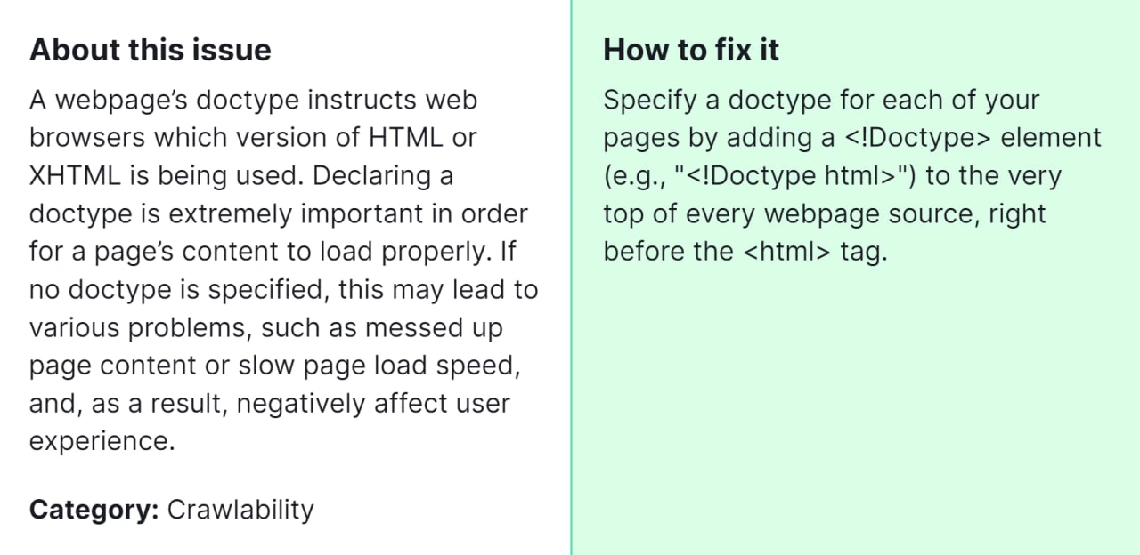 How to Fix "Pages Don't Have Doctype Declared" Detected by a Semrush Audit
