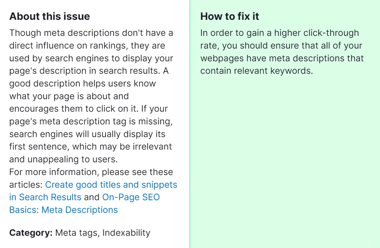 How to fix "Pages don't have meta descriptions" from Semrush Audit 